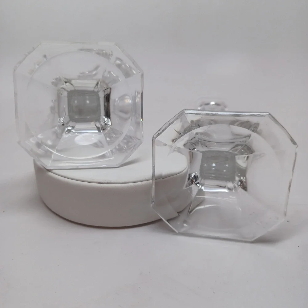 Vintage Clear Crystal Glass Hexagonal Base Taper Candlestick Holders Pair 7.75in